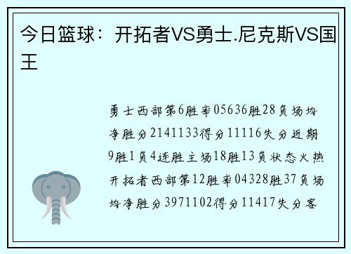 今日篮球：开拓者VS勇士.尼克斯VS国王