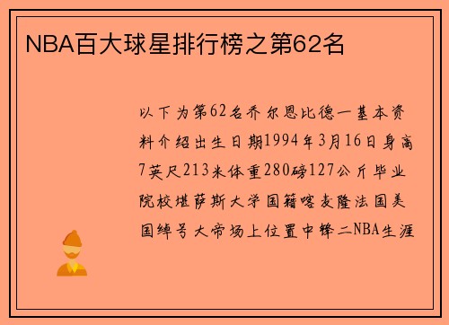 NBA百大球星排行榜之第62名