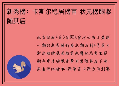 新秀榜：卡斯尔稳居榜首 状元榜眼紧随其后